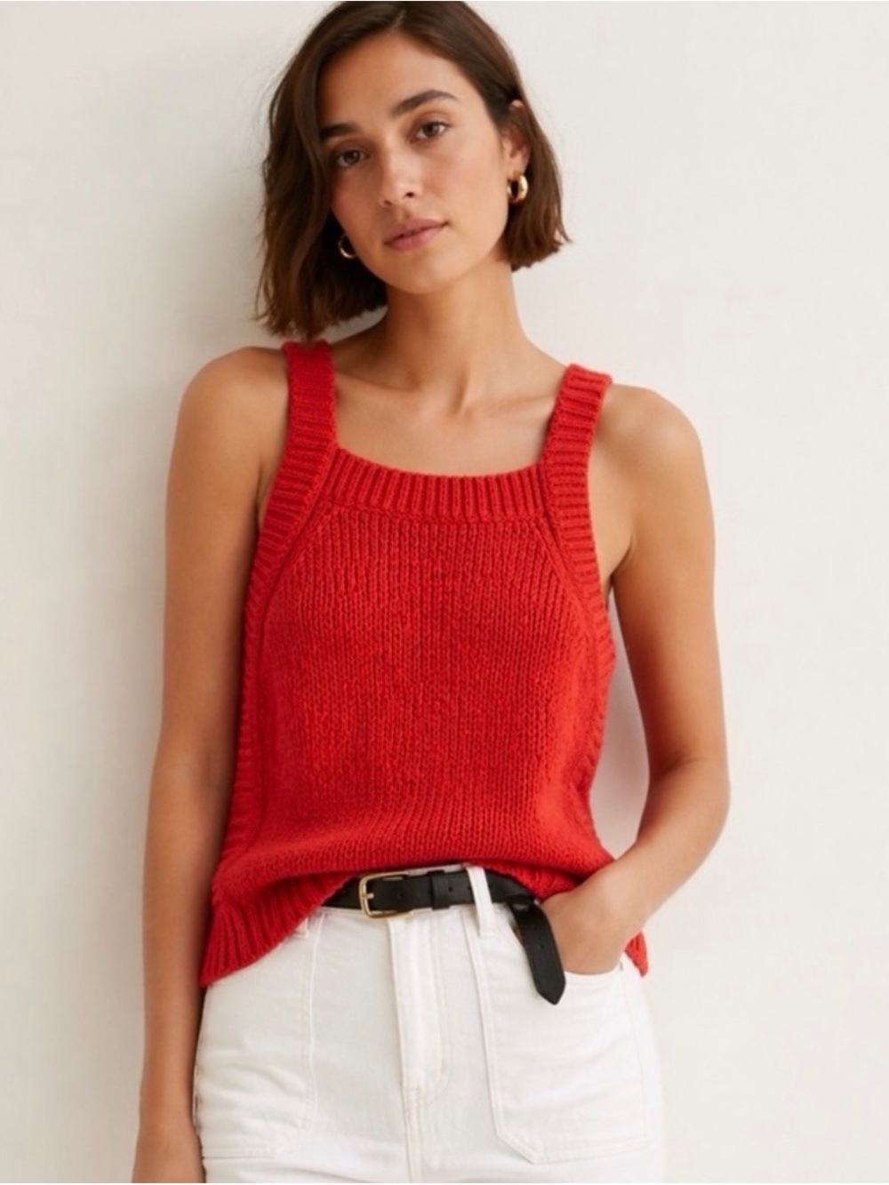 J.Crew Orange Red Textured Knit Sweater Tank XS Cotton Blend Square Neck Autumn